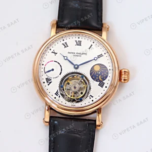 Patek Philippe Tourbillon Gumus Kadran Roman Rose Kasa Siyah Deri Kordon Super Clone Eta Eta Saat yan görünüm