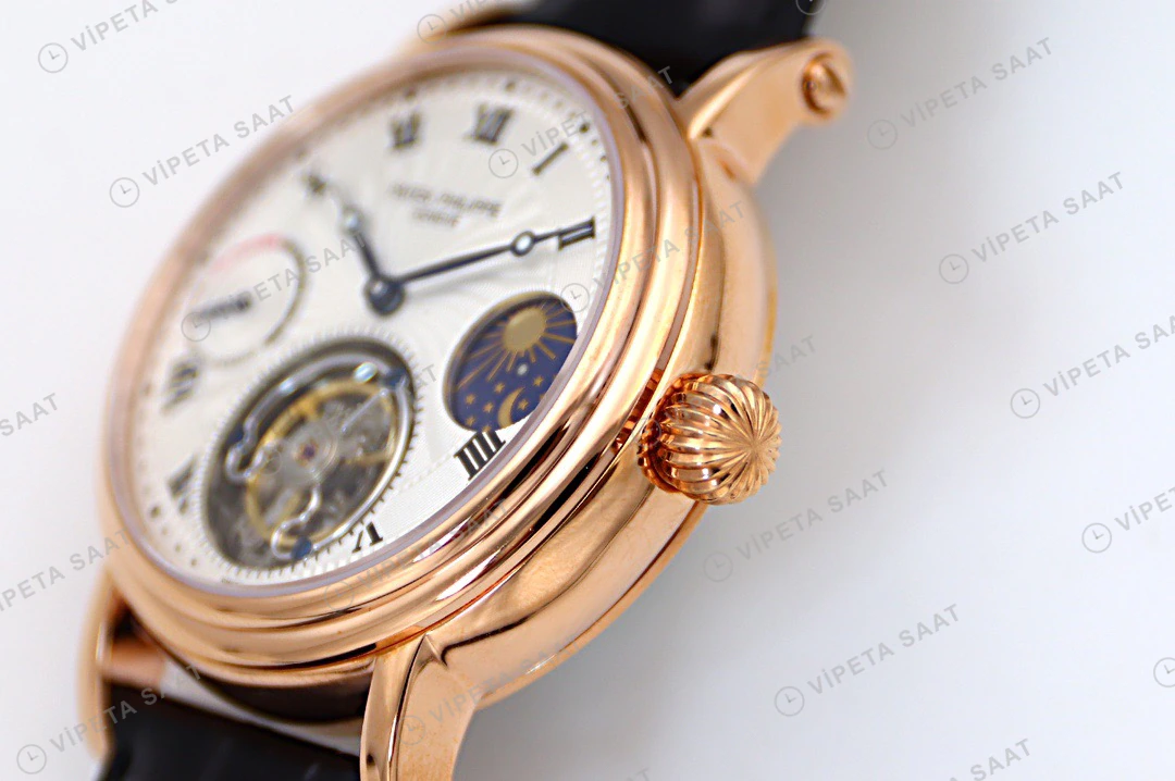 Patek Philippe Tourbillon Gumus Kadran Roman Rose Kasa Siyah Deri Kordon Super Clone Eta Eta Saat detay 5