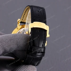 Patek Philippe Tourbillon Moonphase Beyaz Kadran Altin Kasa Siyah Deri Kordon Super Clone Eta Eta Saat karşıdan görünüm