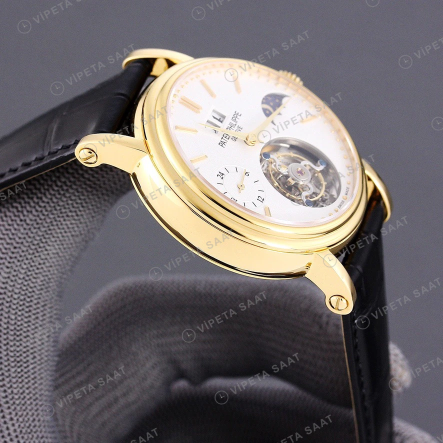 Patek Philippe Tourbillon Moonphase Beyaz Kadran Altin Kasa Siyah Deri Kordon Super Clone Eta Eta Saat detay 4