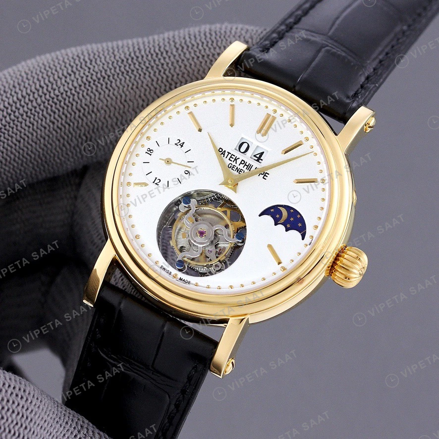 Patek Philippe Tourbillon Moonphase Beyaz Kadran Altin Kasa Siyah Deri Kordon Super Clone Eta Eta Saat detay 5