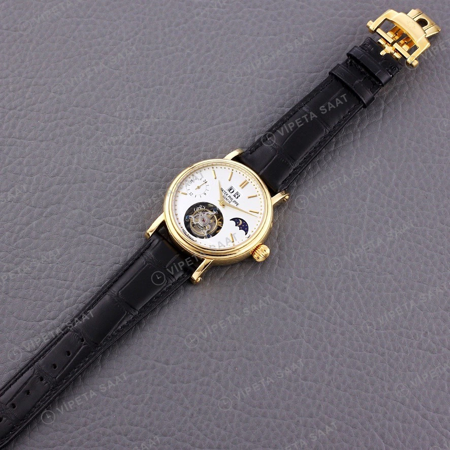 Patek Philippe Tourbillon Moonphase Beyaz Kadran Altin Kasa Siyah Deri Kordon Super Clone Eta Eta Saat detay 6