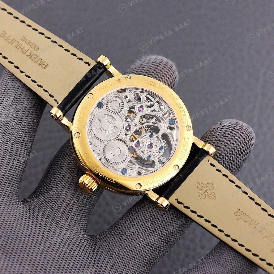 Patek Philippe Tourbillon Moonphase Beyaz Kadran Altin Kasa Siyah Deri Kordon Super Clone Eta Eta Saat detay 7