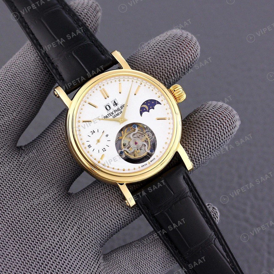 Patek Philippe Tourbillon Moonphase Beyaz Kadran Altin Kasa Siyah Deri Kordon Super Clone Eta Eta Saat detay 8
