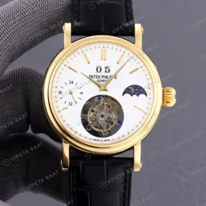 Patek Philippe Tourbillon Moonphase Beyaz Kadran Altin Kasa Siyah Deri Kordon Super Clone Eta Eta Saat karşıdan görünüm