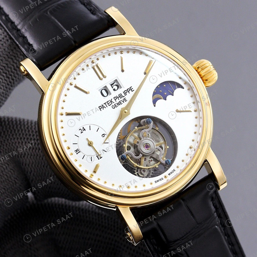 Patek Philippe Tourbillon Moonphase Beyaz Kadran Altin Kasa Siyah Deri Kordon Super Clone Eta Eta Saat detay 9