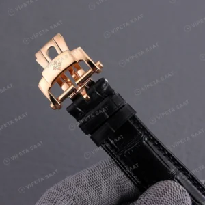 Patek Philippe Tourbillon Moonphase Gri Kadran Rose Kasa Siyah Deri Kordon Super Clone Eta Eta Saat karşıdan görünüm