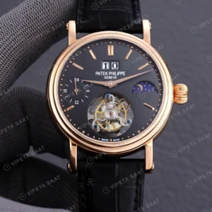 Patek Philippe Tourbillon Moonphase Gri Kadran Rose Kasa Siyah Deri Kordon Super Clone Eta Eta Saat karşıdan görünüm