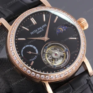 Patek Philippe Tourbillon Moonphase Siyah Kadran Rose Kasa Elmas Bezel Siyah Deri Kordon Super Clone Eta Eta Saat karşıdan görünüm