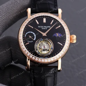 Patek Philippe Tourbillon Moonphase Siyah Kadran Rose Kasa Elmas Bezel Siyah Deri Kordon Super Clone Eta Eta Saat karşıdan görünüm