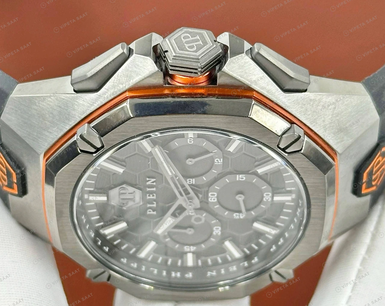 Philipp Plein Chronograph Gri Kronograf Kauçuk Super Clone ETA Saat detay 3