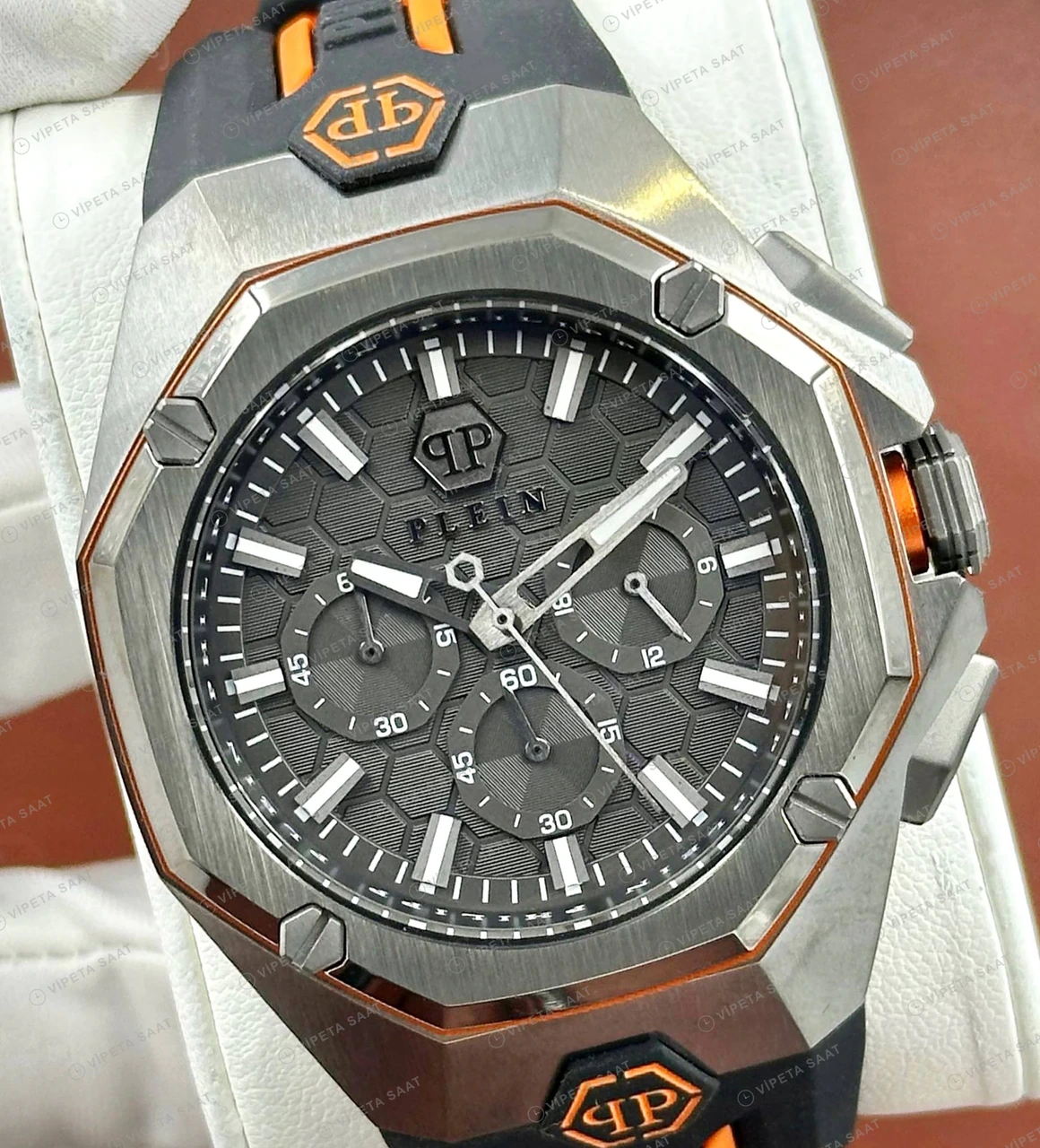 Philipp Plein Chronograph Gri Kronograf Kauçuk Super Clone ETA Saat detay 6