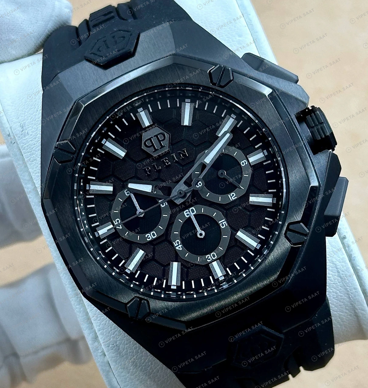 Philipp Plein Chronograph Siyah Kronograf Kauçuk Gece Super Clone ETA Saat detay 6