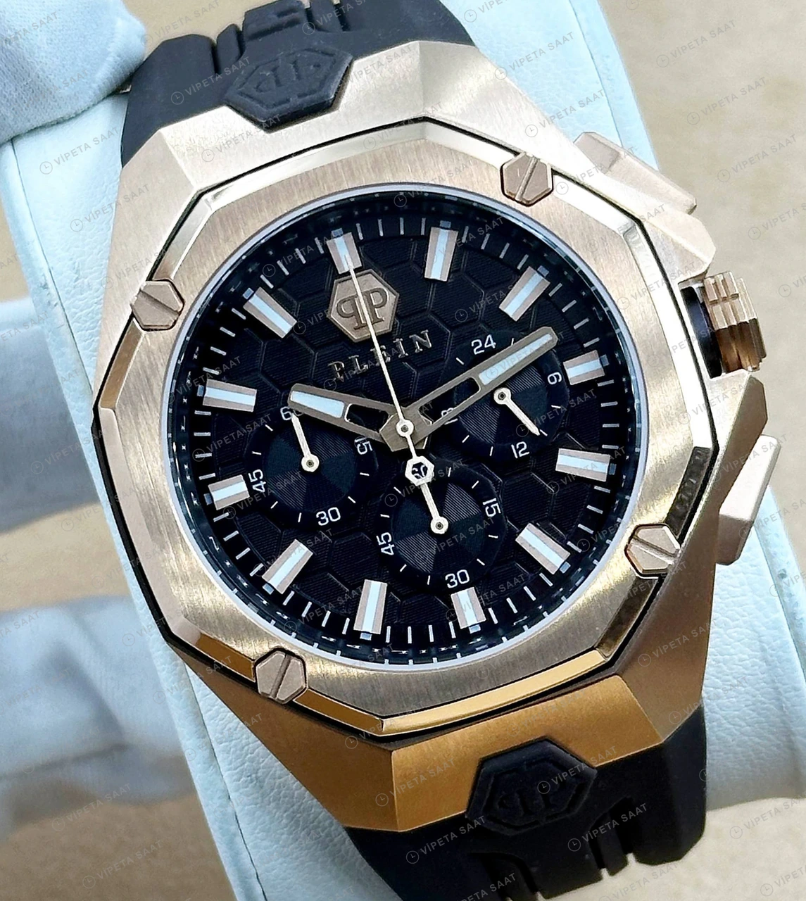 Philipp Plein Chronograph Siyah Kronograf Kauçuk Super Clone ETA Saat detay 6