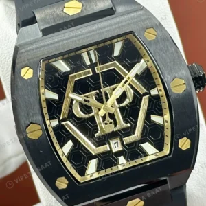 Philipp Plein Skeleton Siyah Altın Skeleton Kauçuk Super Clone ETA Saat detay 5