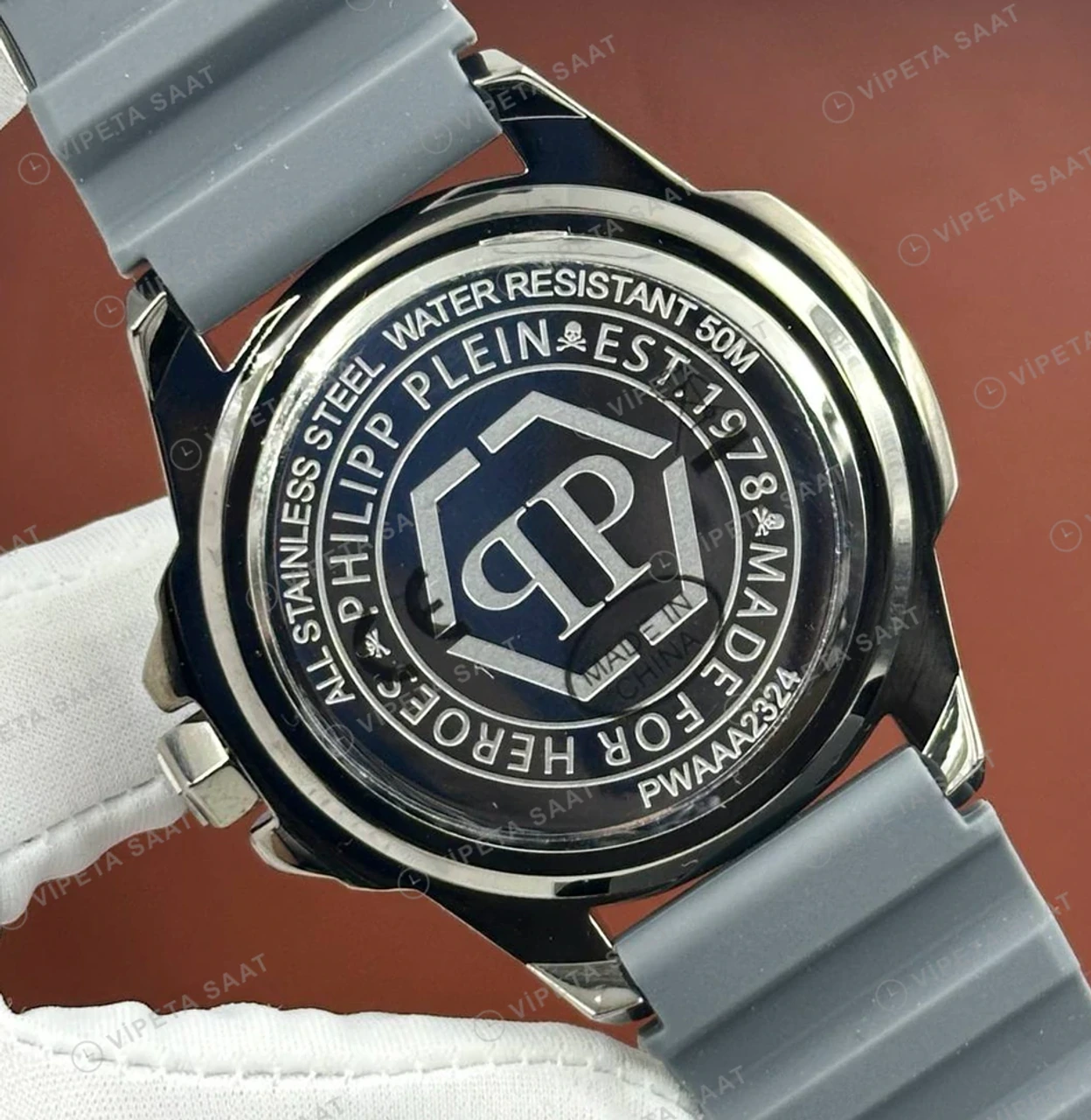 Philipp Plein The Skull Altın Kadran Gri Kauçuk Super Clone ETA Saat detay 6