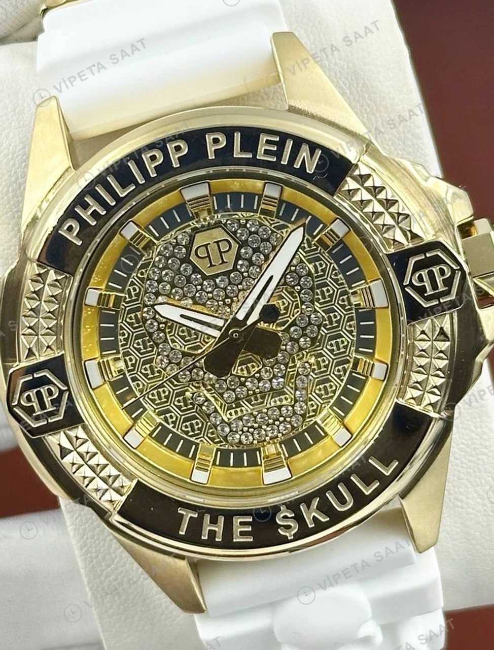 Philipp Plein The Skull Altın Kadran Kauçuk Super Clone ETA Saat detay 3