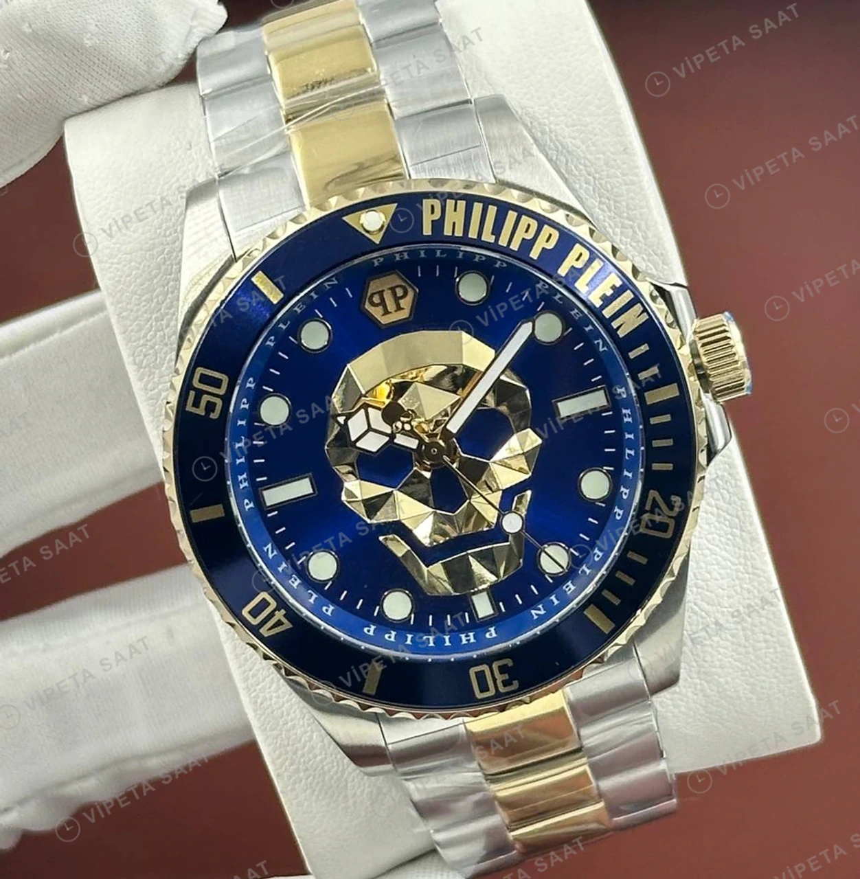 Philipp Plein The Skull Mavi Kadran Çift Renk Özel Super Clone ETA Saat detay 4