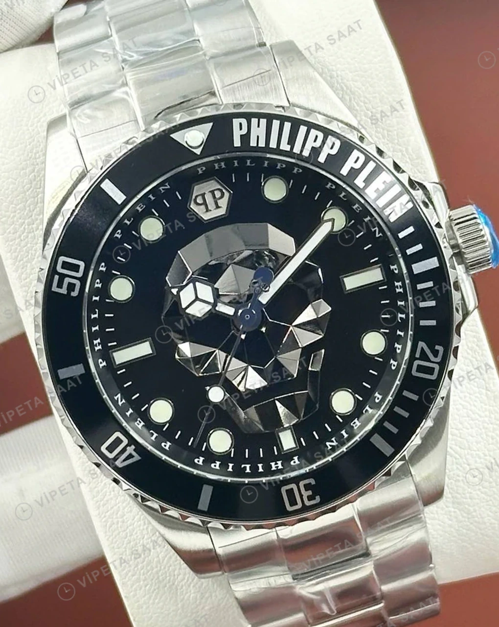 Philipp Plein The Skull Siyah Kadran Çelik Super Clone ETA Saat detay 3