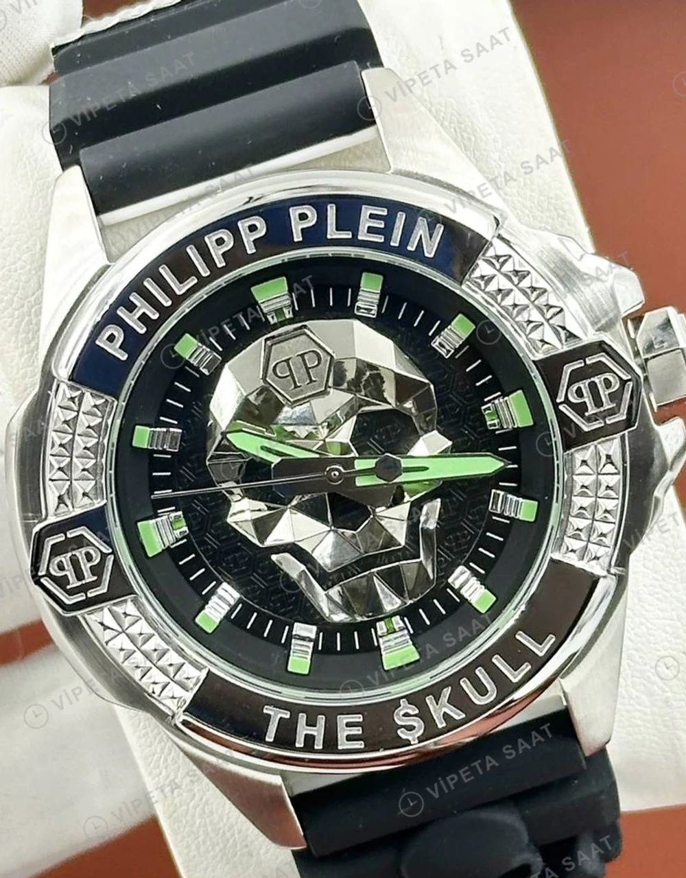 Philipp Plein The Skull Siyah Yeşil Kadran Kauçuk Super Clone ETA Saat detay 6