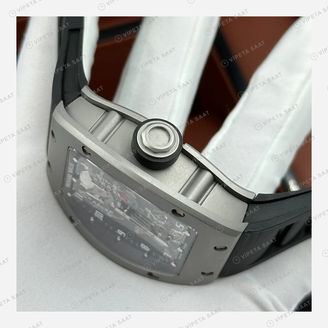 Richard Mille RM 003 Tourbillon Dual Time Çelik Kasa Gri Kadran Rakamlı Kauçuk Super Clone ETA Eta Saat detay 3