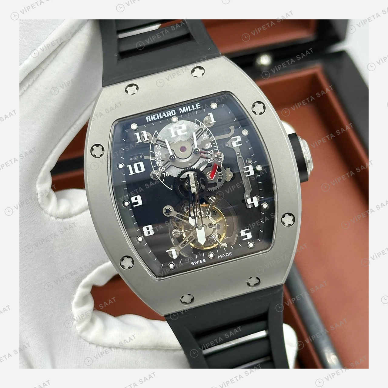 Richard Mille RM 003 Tourbillon Dual Time Çelik Kasa Gri Kadran Rakamlı Kauçuk Super Clone ETA Eta Saat detay 5