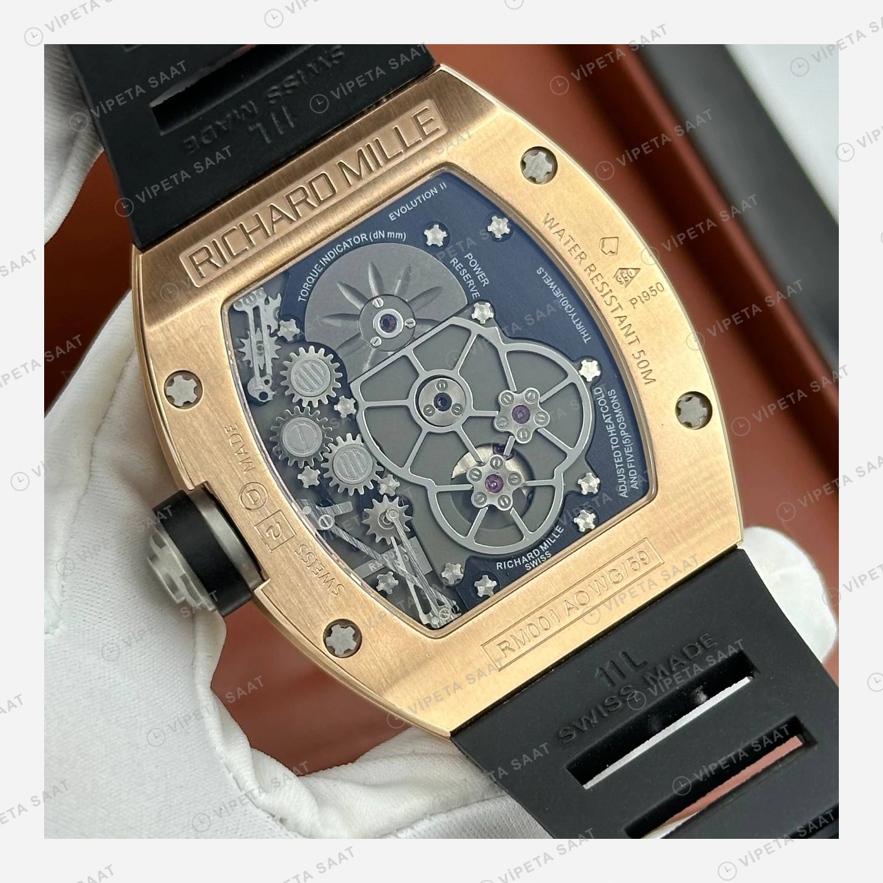 Richard Mille RM 003 Tourbillon Dual Time Rose Altın Rakamlı Kadran Kauçuk Super Clone ETA Eta Saat detay 6