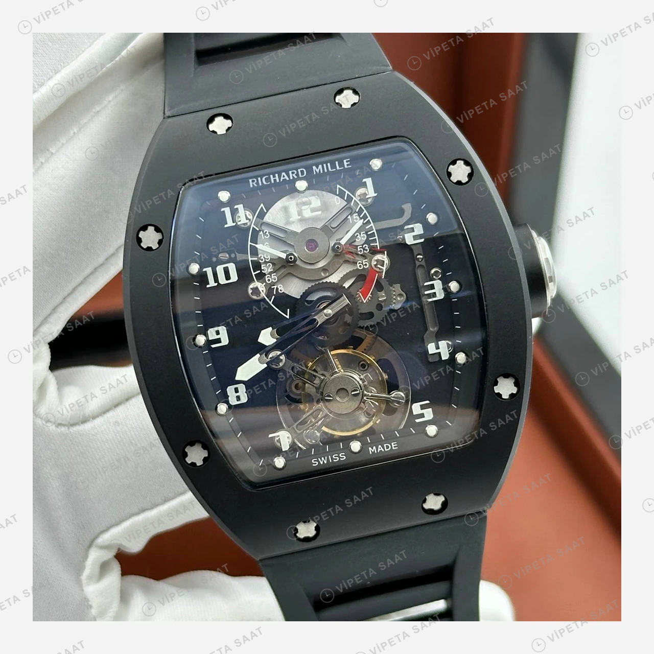 Richard Mille RM 003 Tourbillon Dual Time Siyah Kasa Rakamlı Skeleton Kauçuk Super Clone ETA Eta Saat detay 4