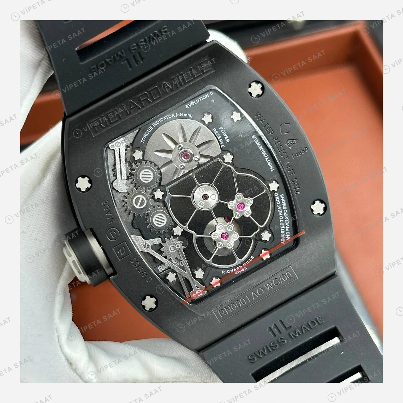 Richard Mille RM 003 Tourbillon Dual Time Siyah Kasa Rakamlı Skeleton Kauçuk Super Clone ETA Eta Saat detay 6