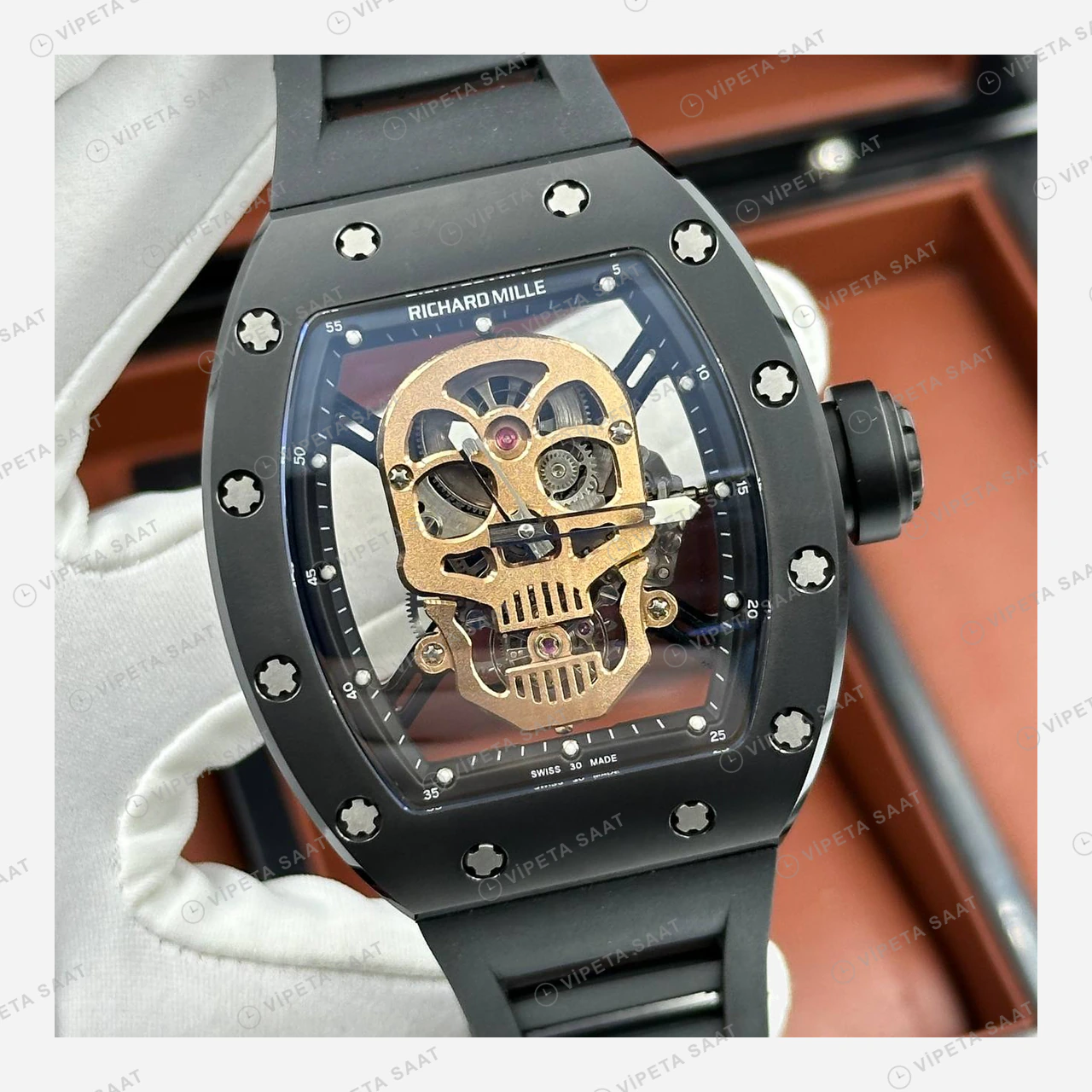 Richard Mille RM 052 Altın Kurukafa Skeleton Kauçuk Super Clone ETA Eta Saat detay 4