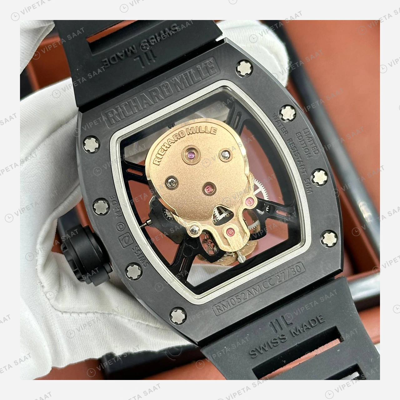 Richard Mille RM 052 Altın Kurukafa Skeleton Kauçuk Super Clone ETA Eta Saat detay 6