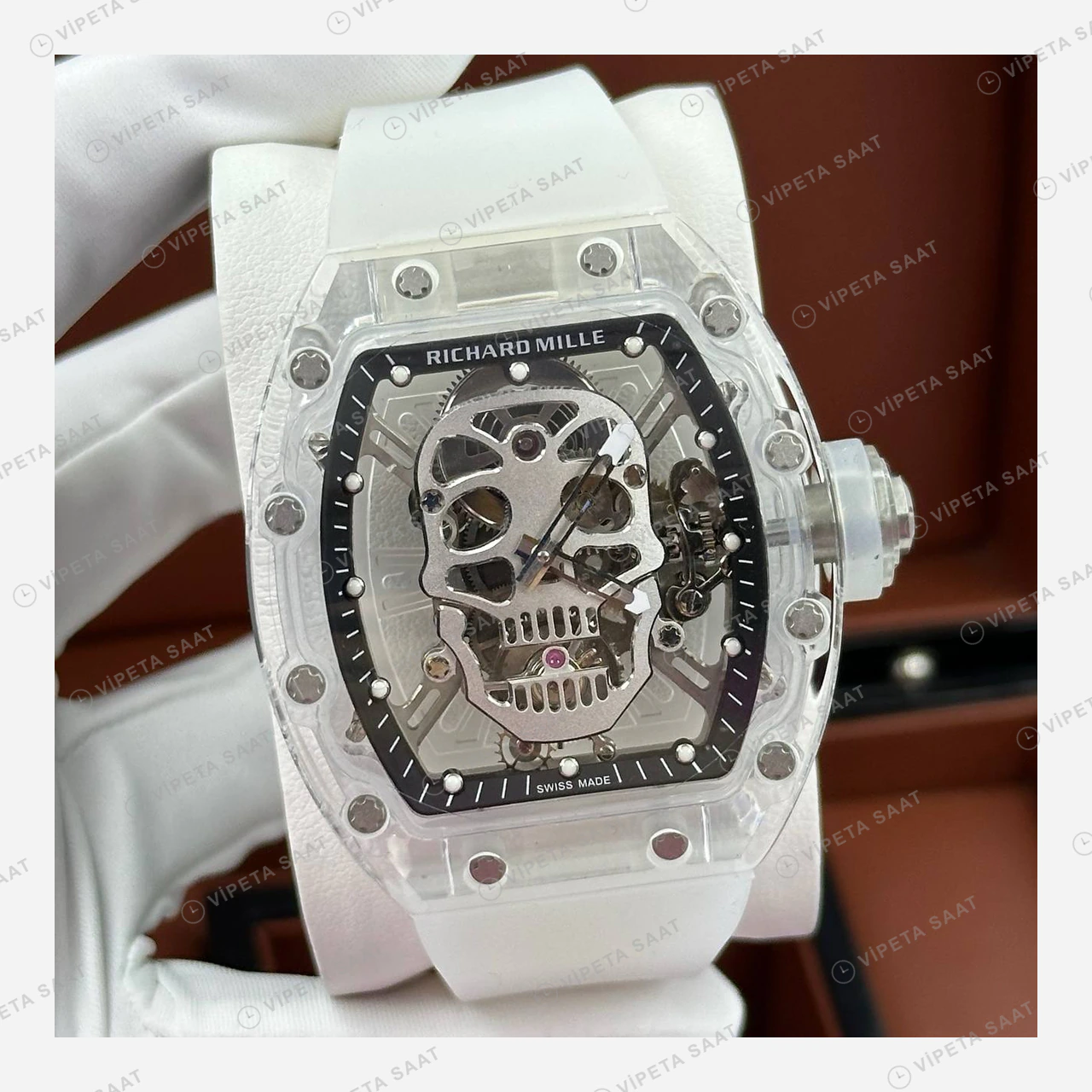 Richard Mille RM 052 Beyaz Şeffaf Kurukafa Kauçuk Super Clone ETA Eta Saat detay 5
