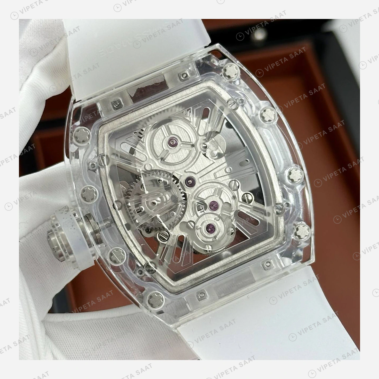 Richard Mille RM 052 Beyaz Şeffaf Kurukafa Kauçuk Super Clone ETA Eta Saat detay 6