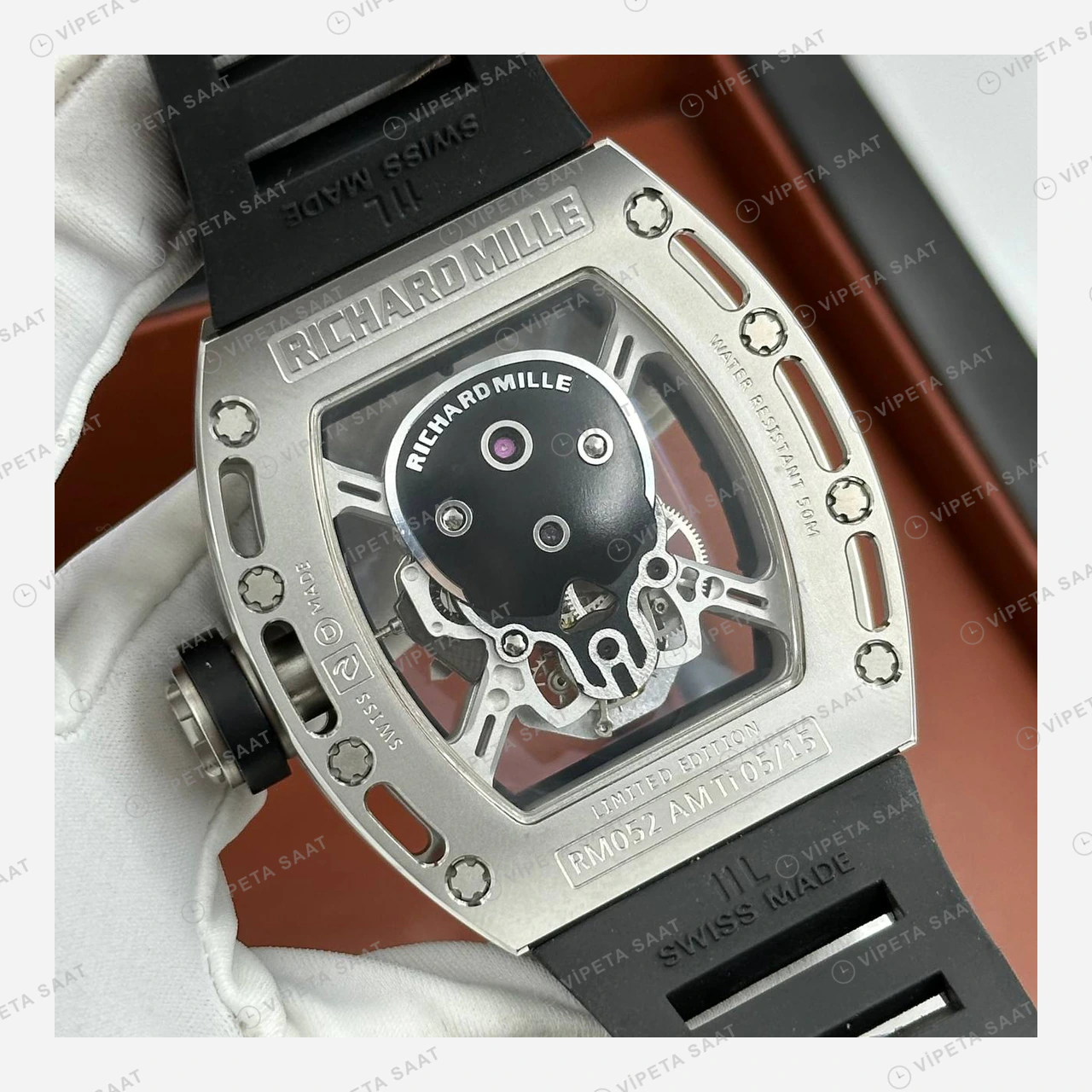 Richard Mille RM 052 Gümüş Kurukafa Skeleton Kauçuk Super Clone ETA Eta Saat detay 5