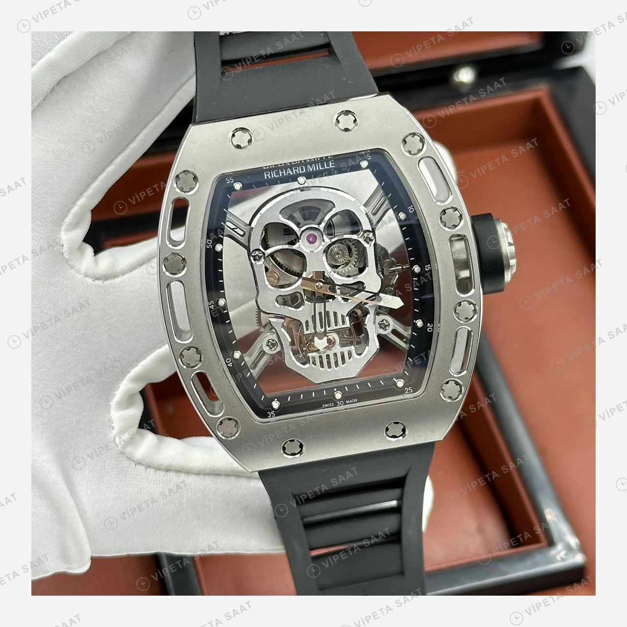 Richard Mille RM 052 Gümüş Kurukafa Skeleton Kauçuk Super Clone ETA Eta Saat detay 6