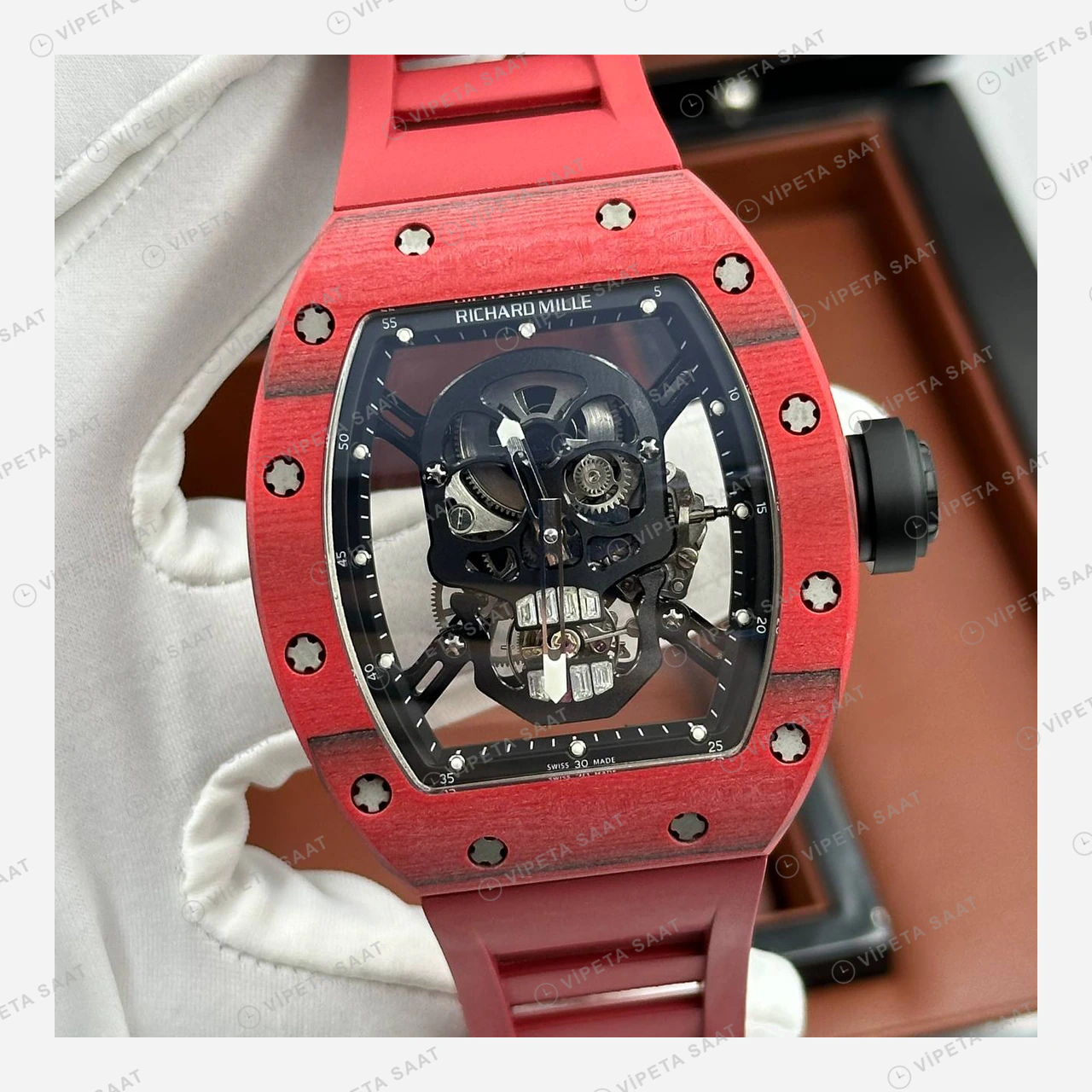 Richard Mille RM 052 Kırmızı Kurukafa Skeleton Kauçuk Super Clone ETA Eta Saat detay 5