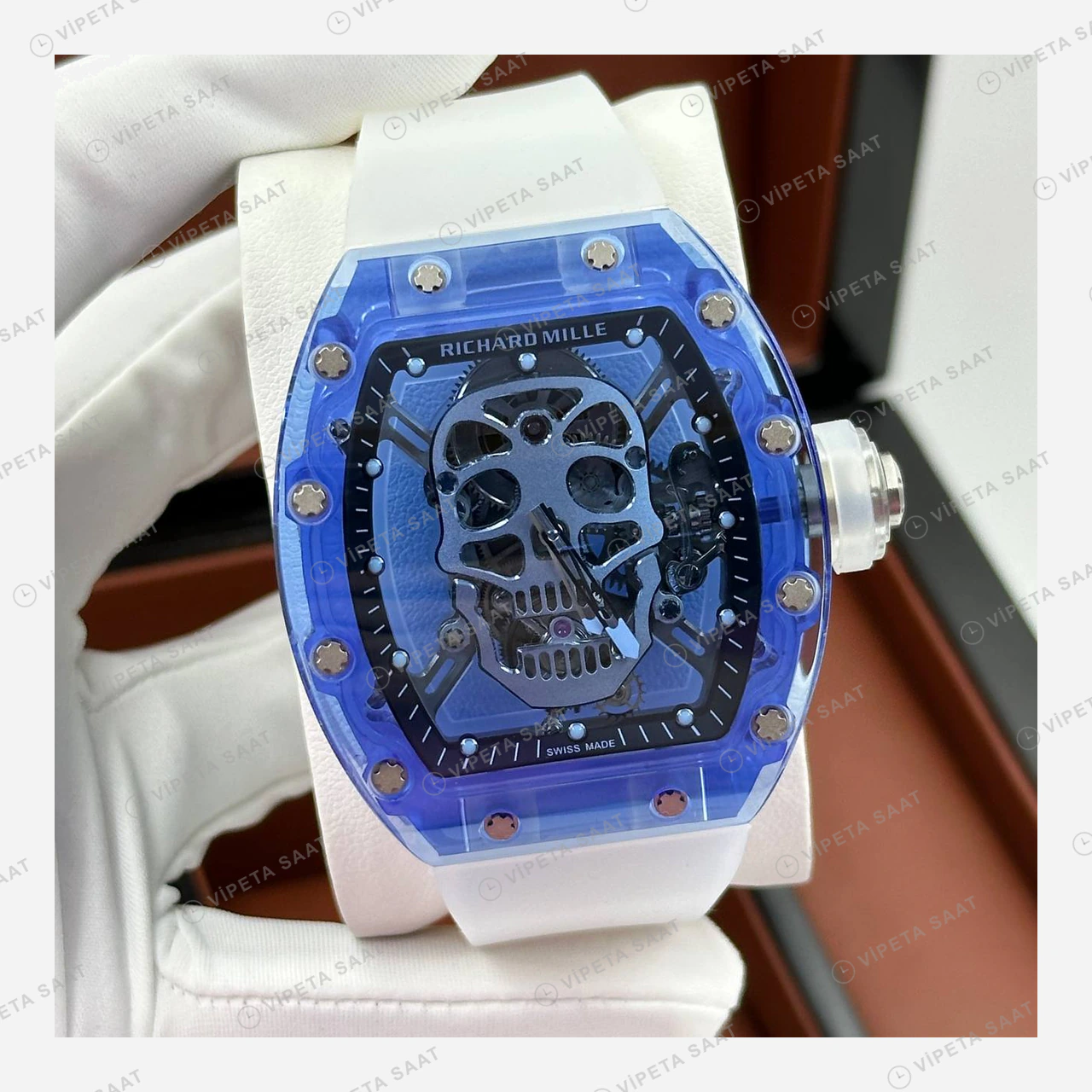 Richard Mille RM 052 Mavi Şeffaf Kurukafa Kauçuk Super Clone ETA Eta Saat detay 4