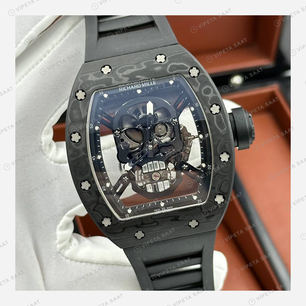 Richard Mille RM 052 Siyah Kurukafa Skeleton Kauçuk Super Clone ETA Eta Saat detay 6