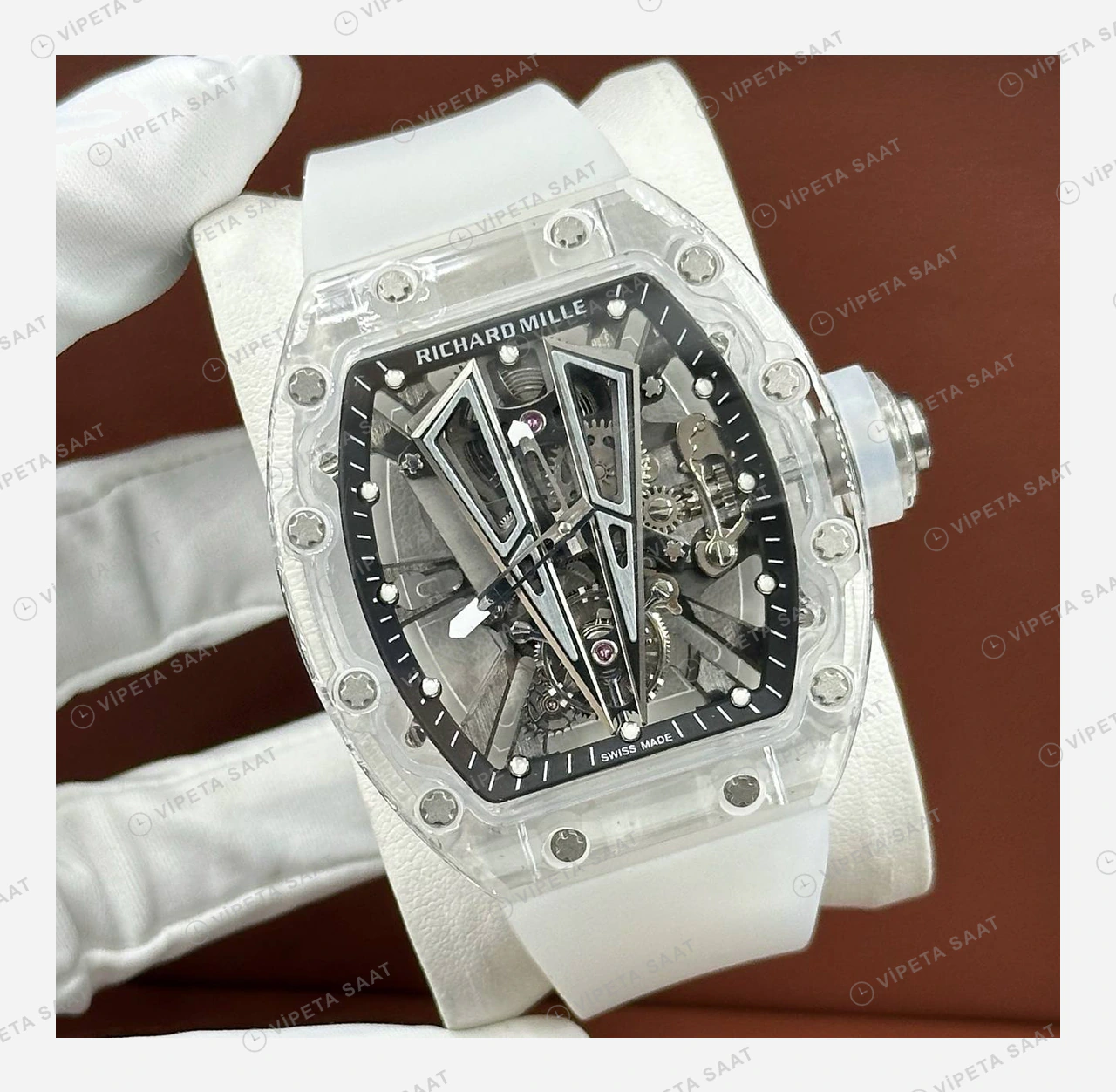 Richard Mille RM 055 Beyaz Şeffaf Skeleton Kauçuk Super Clone ETA Eta Saat detay 4