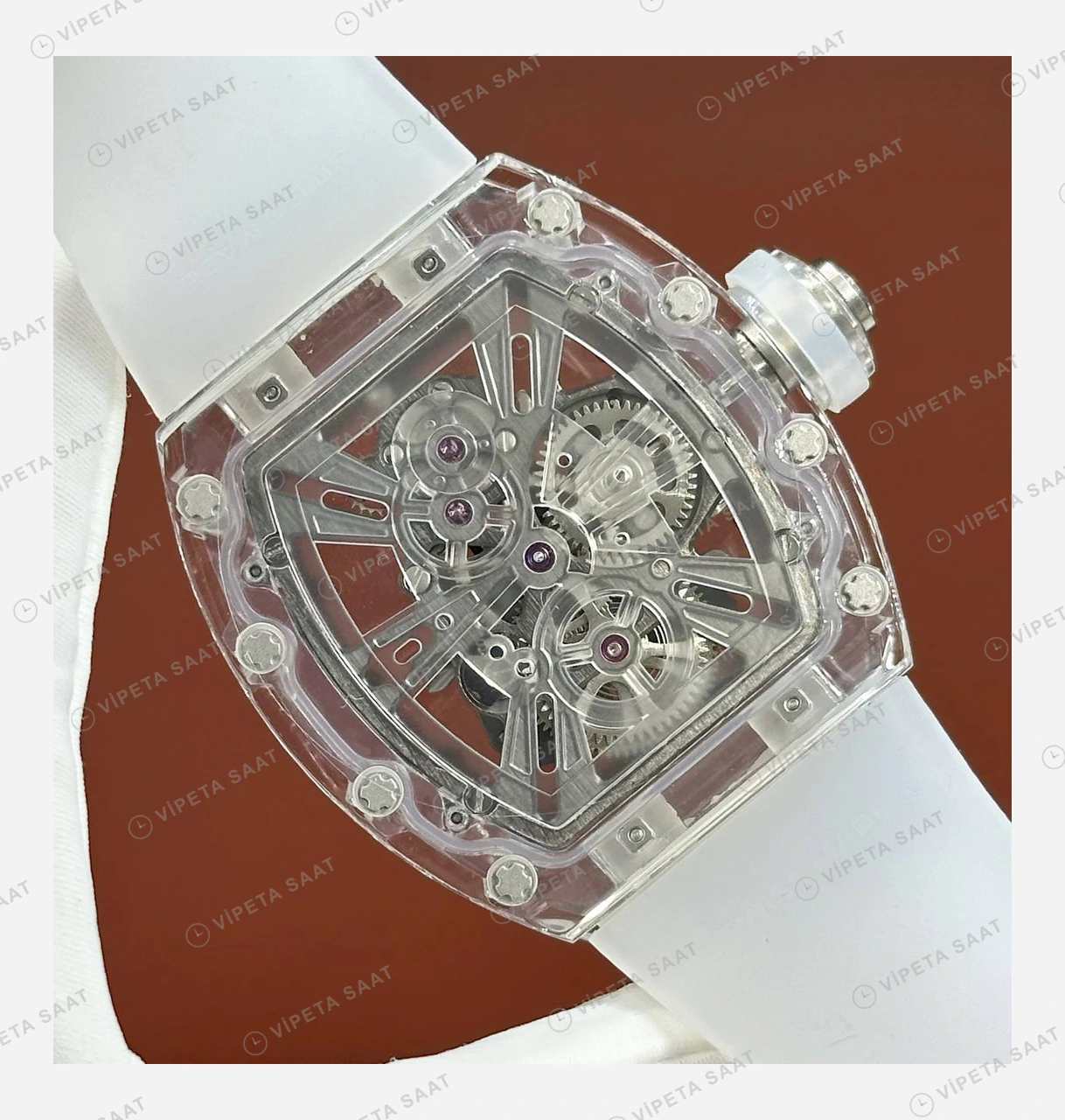 Richard Mille RM 055 Beyaz Şeffaf Skeleton Kauçuk Super Clone ETA Eta Saat detay 6
