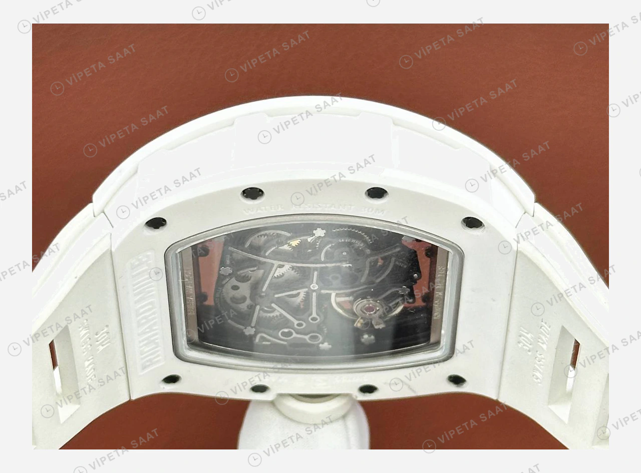 Richard Mille RM 055 Beyaz Şeffaf Skeleton Parlak Kauçuk Super Clone ETA Eta Saat detay 3
