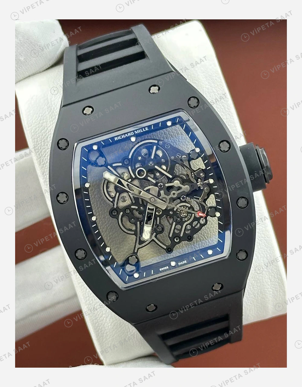 Richard Mille RM 055 Bubba Watson Asia Siyah Seramik Mavi Çerçeve Skeleton Kauçuk Super Clone ETA Eta Saat karşıdan görünüm