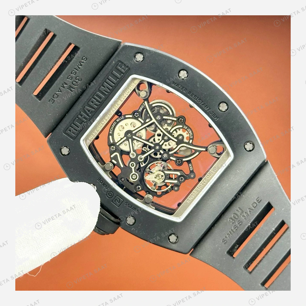 Richard Mille RM 055 Bubba Watson Asia Siyah Seramik Mavi Çerçeve Skeleton Kauçuk Super Clone ETA Eta Saat detay 6