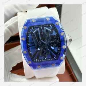Richard Mille RM 055 Safir Mavi Şeffaf Kasa Skeleton Kauçuk Super Clone ETA Eta Saat detay 3
