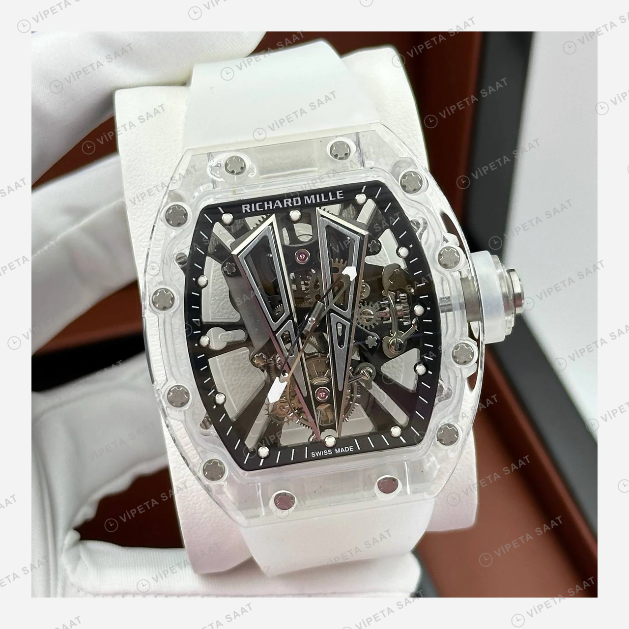 Richard Mille RM 055 Safir Şeffaf Beyaz Kasa Skeleton Kauçuk Super Clone ETA Eta Saat detay 5