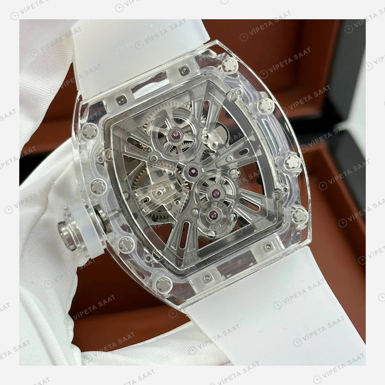 Richard Mille RM 055 Safir Şeffaf Beyaz Kasa Skeleton Kauçuk Super Clone ETA Eta Saat detay 6