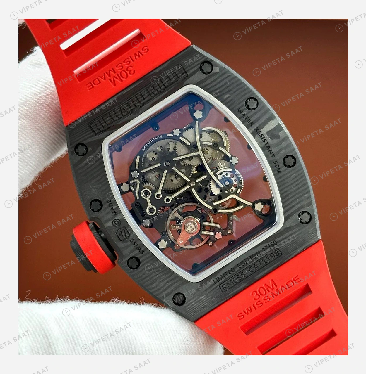 Richard Mille RM 055 Siyah Karbon Skeleton Kırmızı Kauçuk Mat Super Clone ETA Eta Saat detay 3