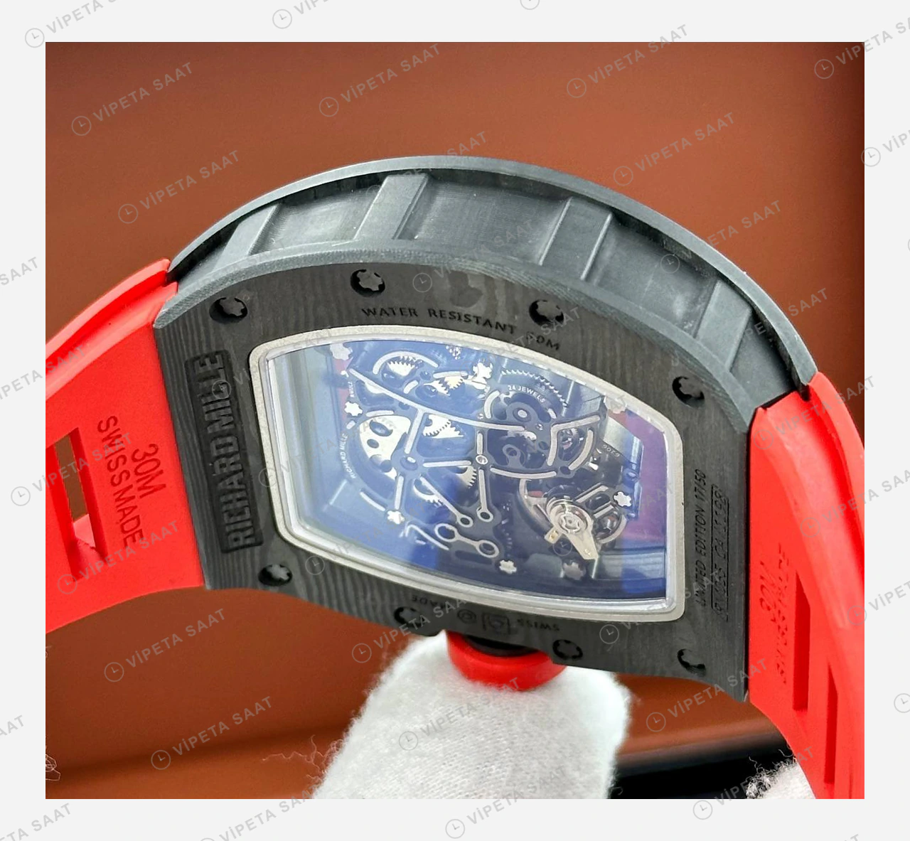 Richard Mille RM 055 Siyah Karbon Skeleton Kırmızı Kauçuk Mat Super Clone ETA Eta Saat detay 4