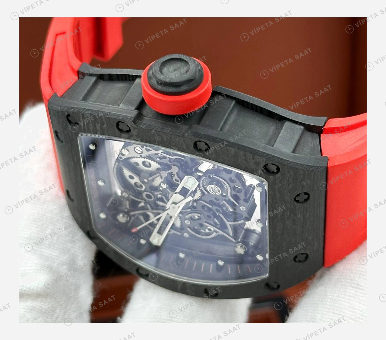 Richard Mille RM 055 Siyah Karbon Skeleton Kırmızı Kauçuk Mat Super Clone ETA Eta Saat detay 5