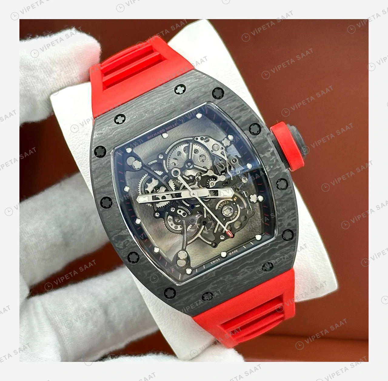 Richard Mille RM 055 Siyah Karbon Skeleton Kırmızı Kauçuk Mat Super Clone ETA Eta Saat detay 6